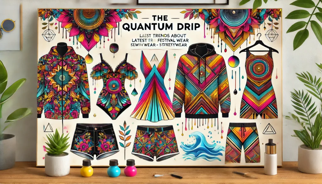 A vibrant and trendy digital collage featuring unique festival wear with neon accents, stylish one-piece swimsuits and bikinis, comfortable streetwear including hoodies and unisex t-shirts, and high-quality yoga leggings. The background is lively with colorful floral patterns and geometric designs, reflecting the latest fashion trends from The Quantum Drip boutique clothing store.