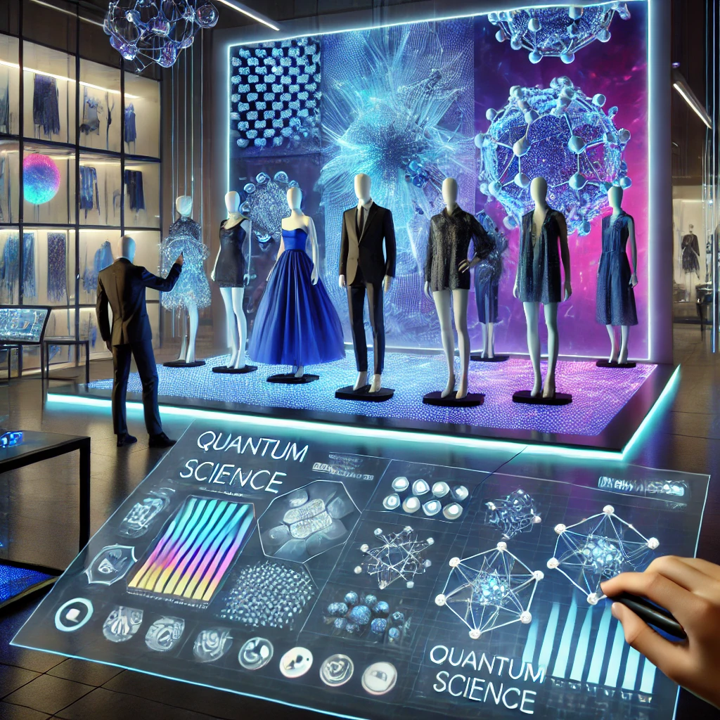 Futuristic fashion design studio integrating quantum computing, with holographic displays, smart fabric simulations, and advanced technology, showcasing innovation in clothing and material science.