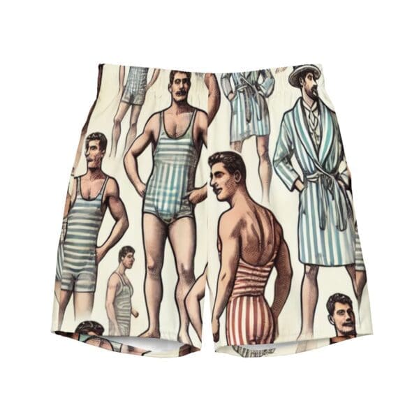 Vintage-inspired all-over print recycled swim trunks featuring historical swimwear designs.