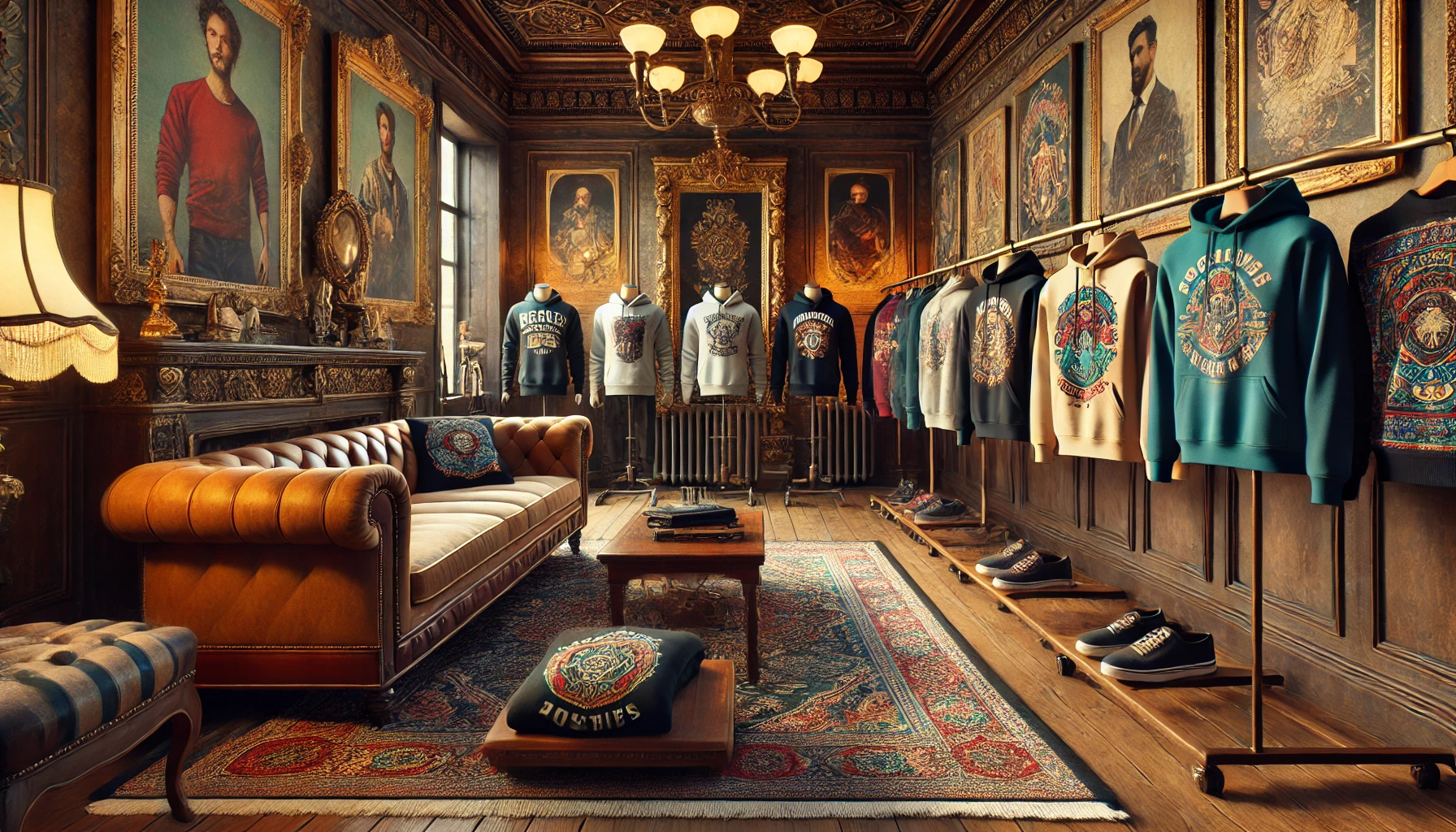 Vintage-style men's lounge featuring casual clothing, including sweatshirts, hoodies, and t-shirts with bold graphic designs, displayed on a polished wooden rack amidst ornate furniture, velvet sofa, and antique decor.